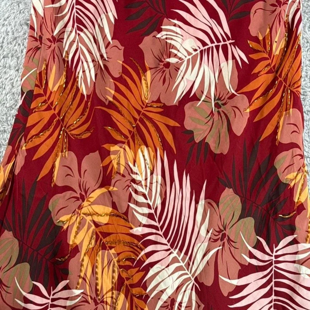 Red‎ floral silk maxi skirt with ruffle hem